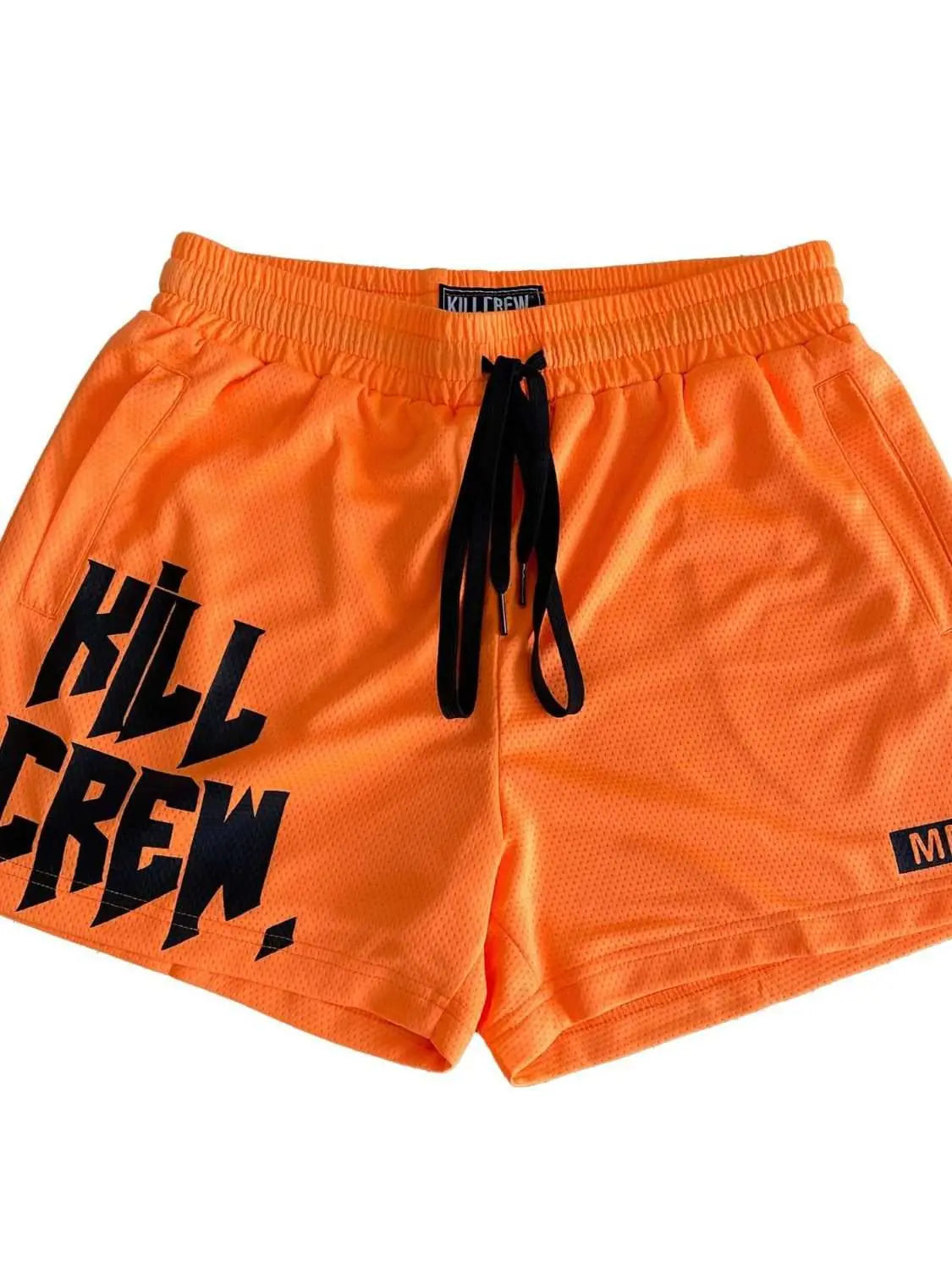 Men's plus size orange drawstring active shorts with black print, featuring moderate stretch and polyester-spandex blend.