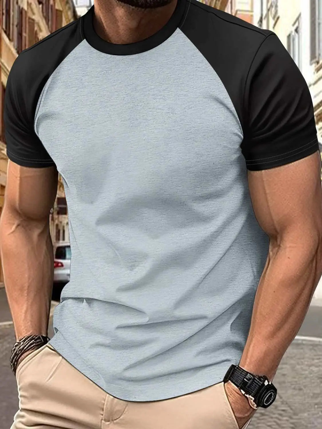 Men's full size round neck contrast T-shirt, slightly stretchy, polyester-cotton blend.