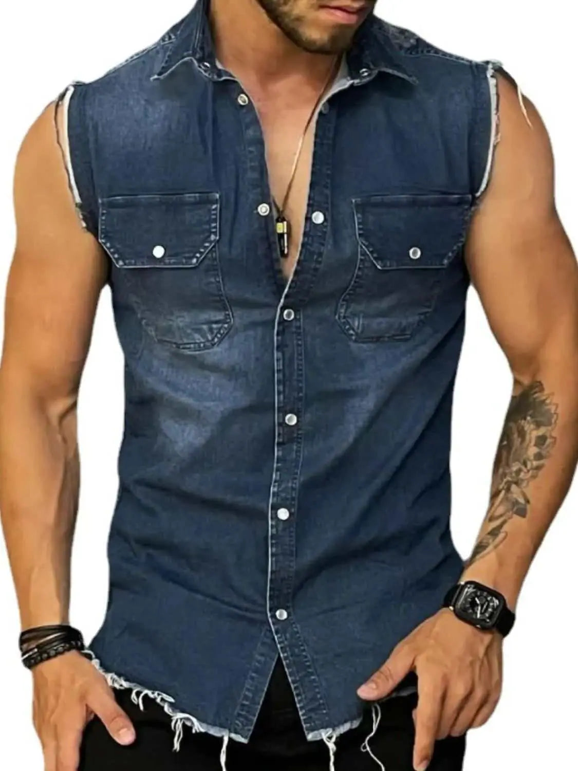 Men's snap down sleeveless denim shirt, pocketed, blue, buttoned front.