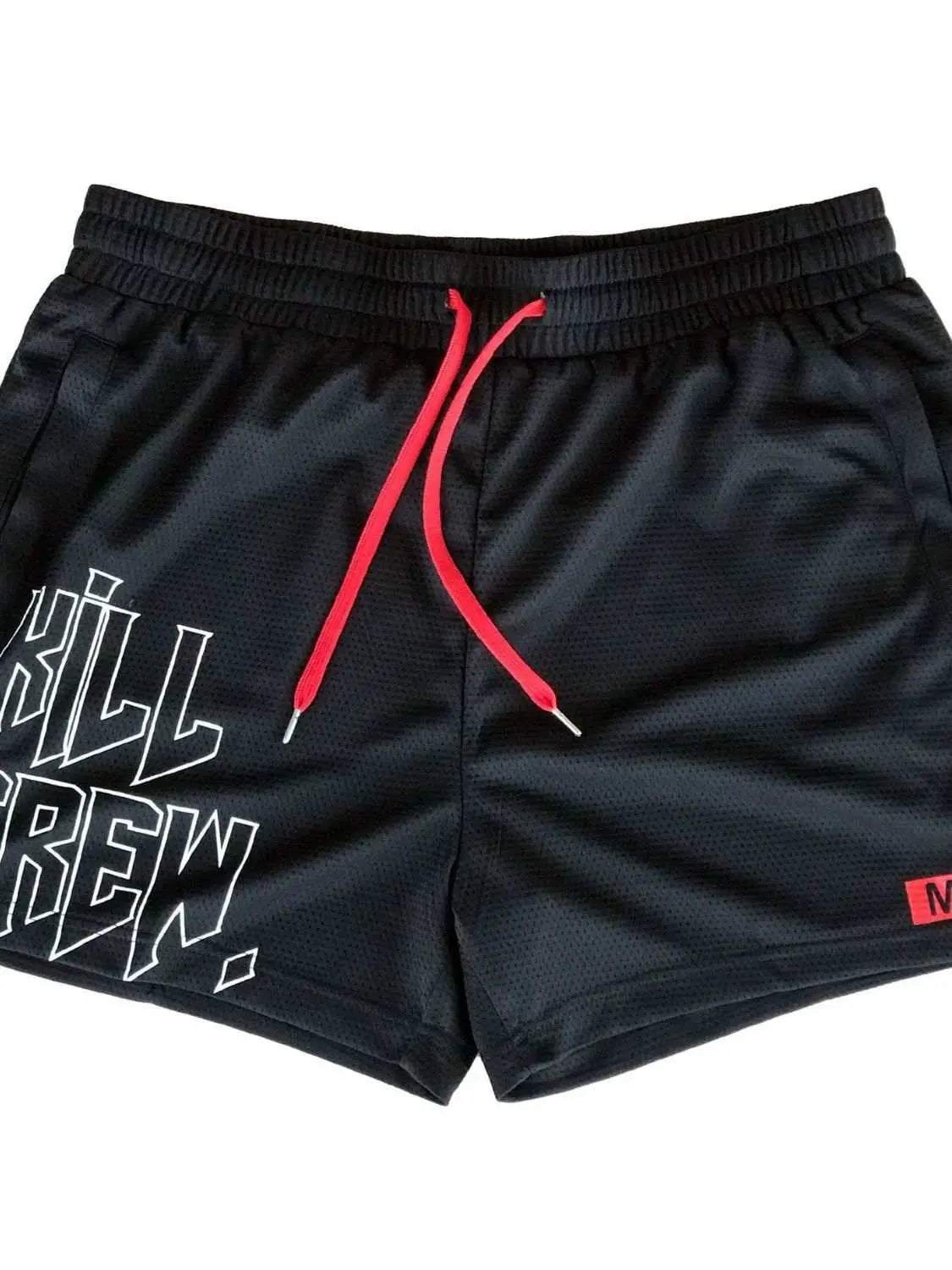 Men's Plus Size Drawstring Active Shorts in black with red drawstring; polyester and spandex blend.