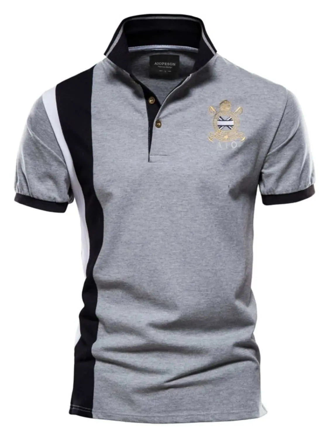 Men's embroidered collared neck striped contrast polo shirt in gray, made of 100% cotton.