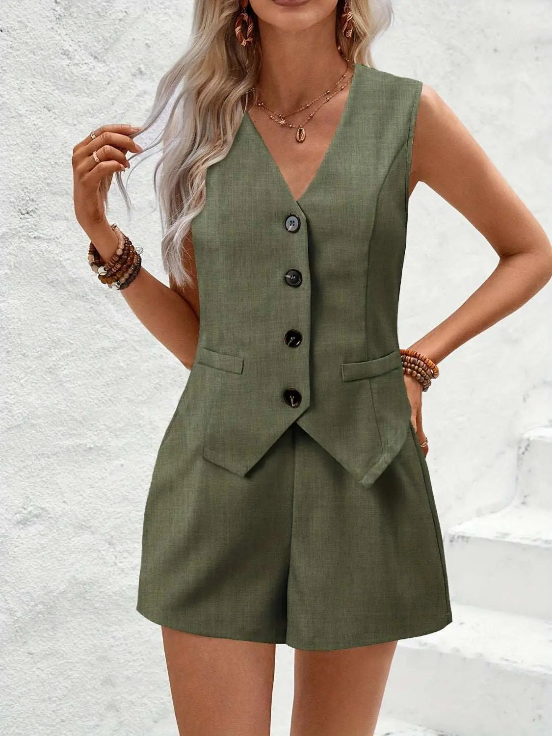 V-Neck button down vest and shorts set in green, made of polyester, featuring a buttoned design, two-piece ensemble.