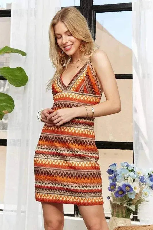 Contrast Striped V-Neck Mini Dress on smiling woman, stylish and trendy with bold stripes, perfect for casual outings.