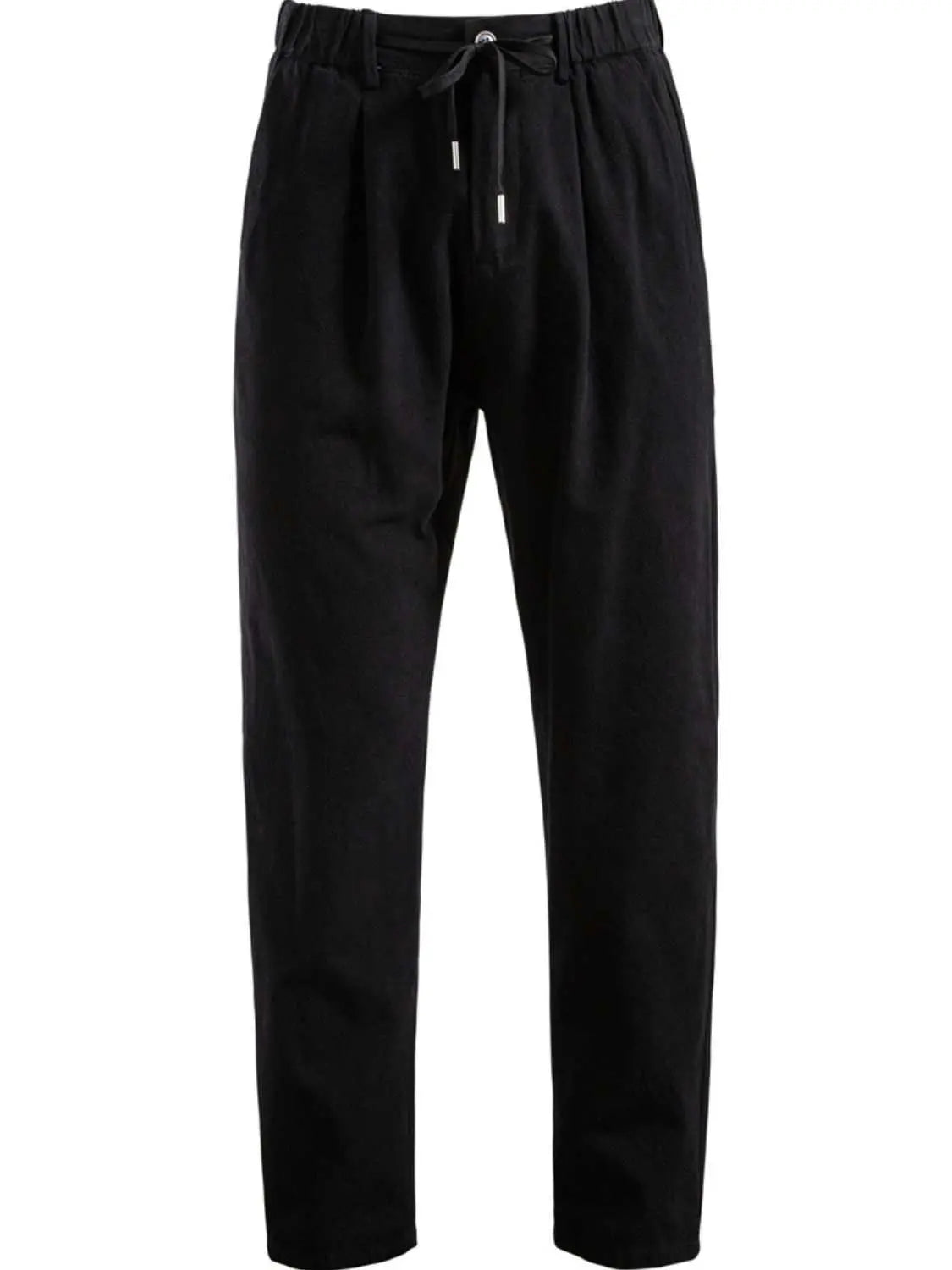 Men's drawstring straight pants in black with pockets.