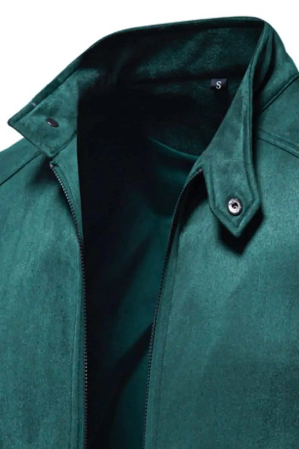 Men's zip up biker jacket in green polyester fabric with long sleeves.
