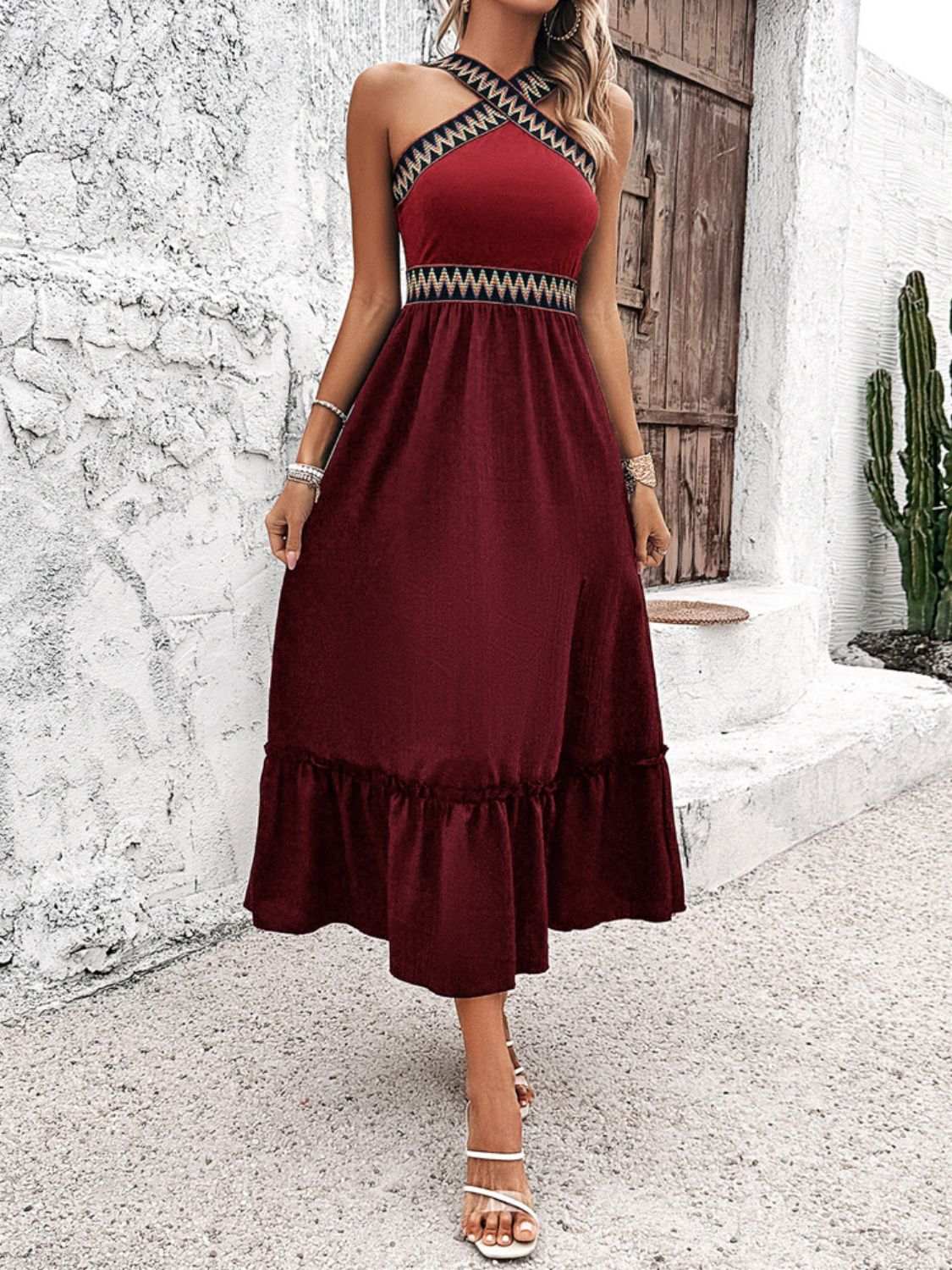 Devine Ruffled Slit Sleeveless Midi Dress in burgundy with zigzag neckline and tiered hem.