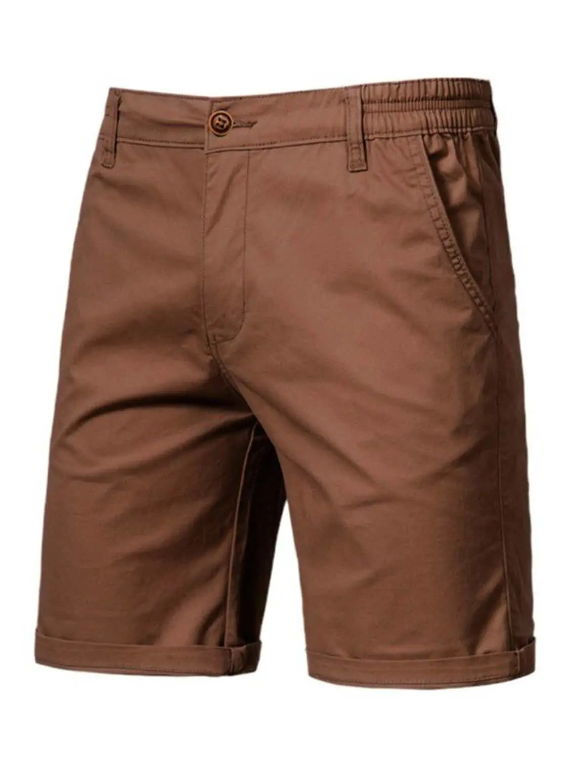 Men's elastic waist shorts with pockets in brown, cotton fabric.