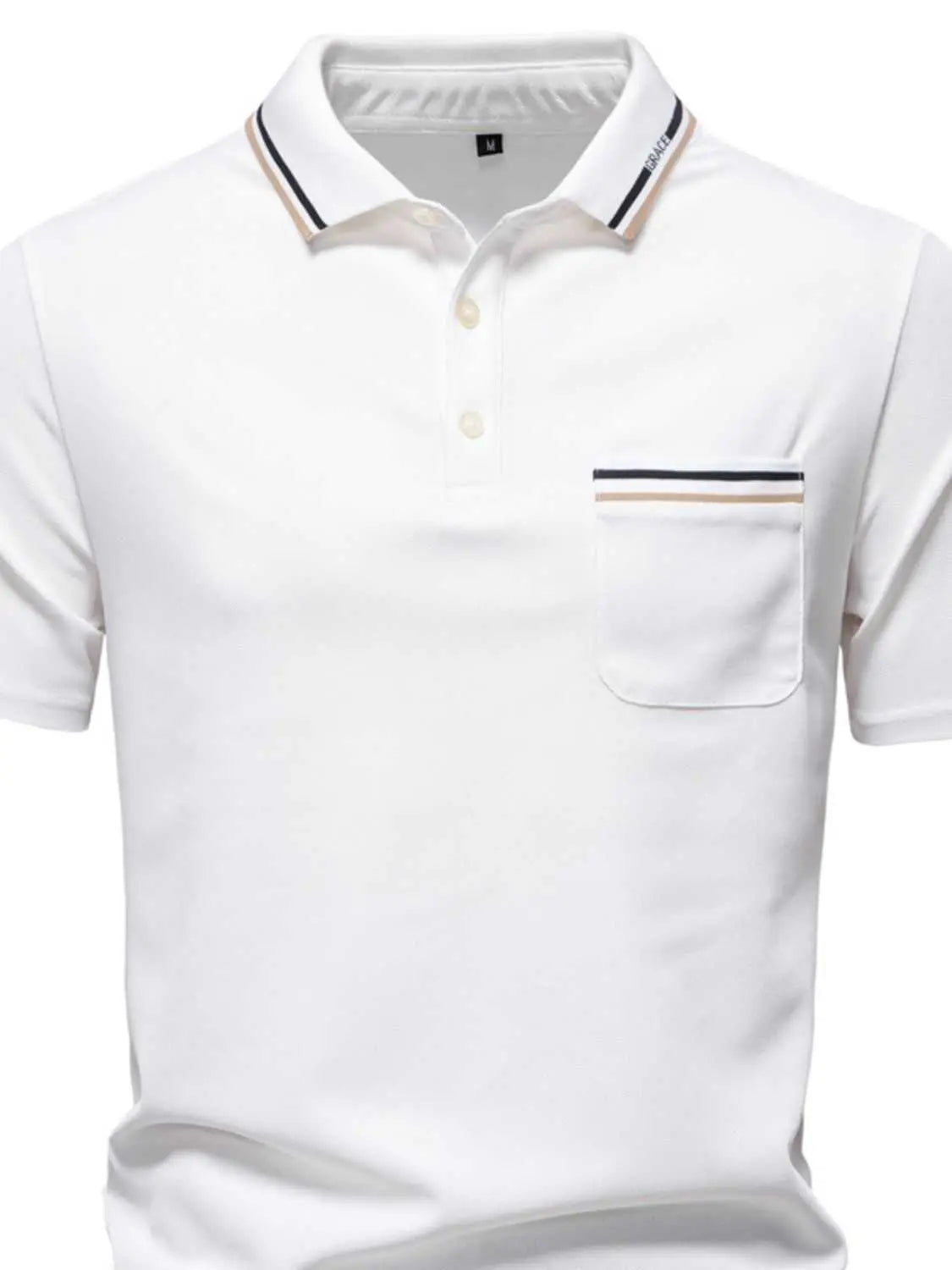 Men's short sleeve collared neck striped polo with pocket, 100% polyester material.
