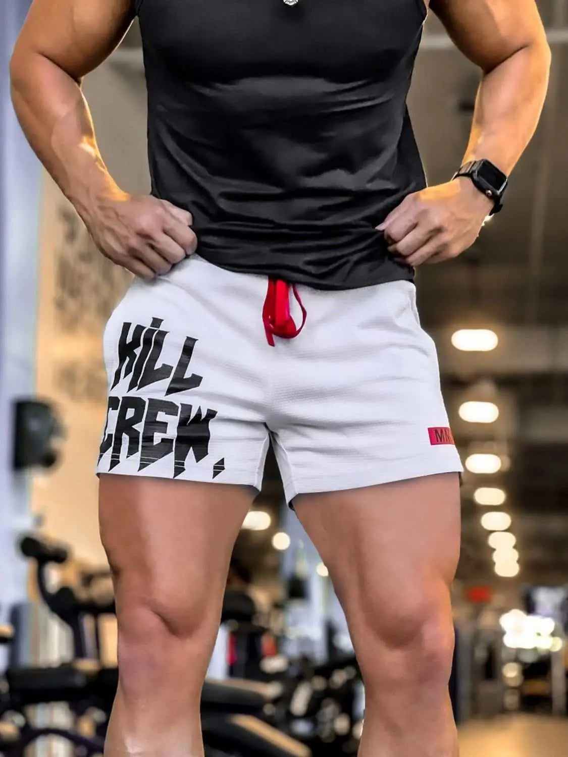 Men's plus size drawstring active shorts with graphic print, moderate stretch, 90% polyester and 10% spandex, ideal for workouts.