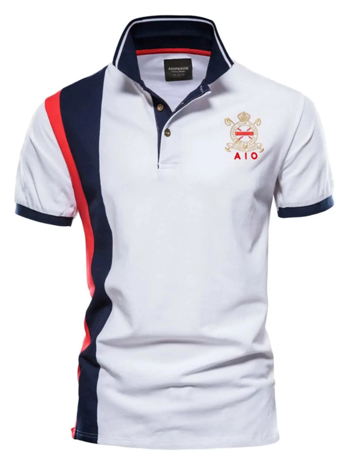 Men's embroidered collared neck striped contrast polo in white with navy and red accents.