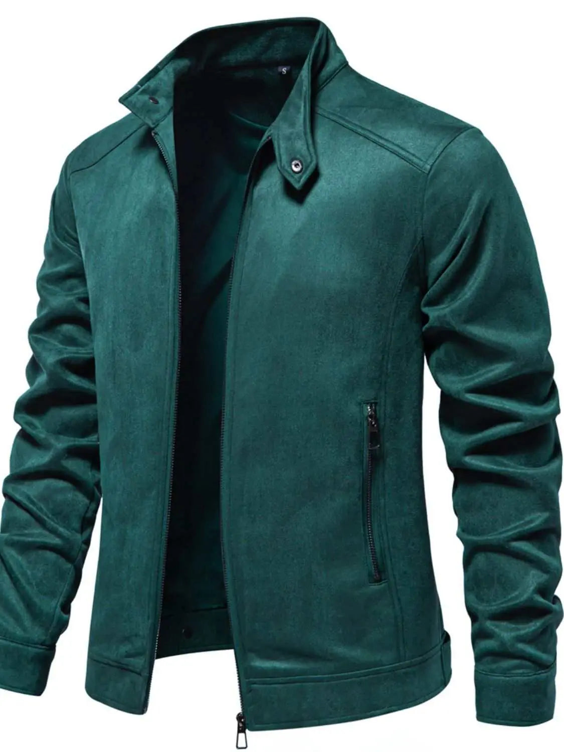 Men's zip up long sleeve biker jacket in green polyester.