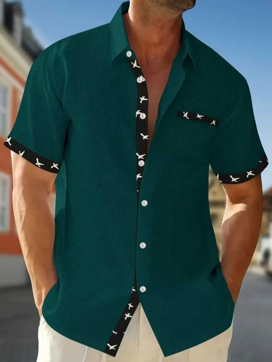 Men's full size contrast trim waffle knit short sleeve shirt in green.