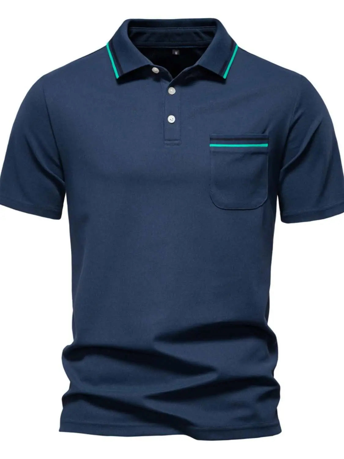 Men's navy short sleeve collared polo with stripes and pocket.
