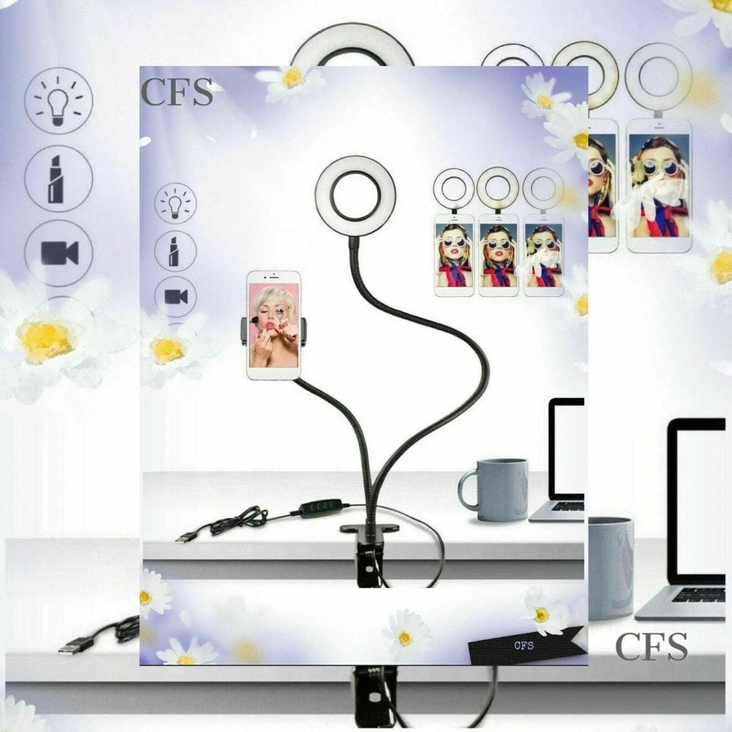 LED Selfie Ring Light with Phone Holder and Adjustable Brightness for Live Stream and Makeup.