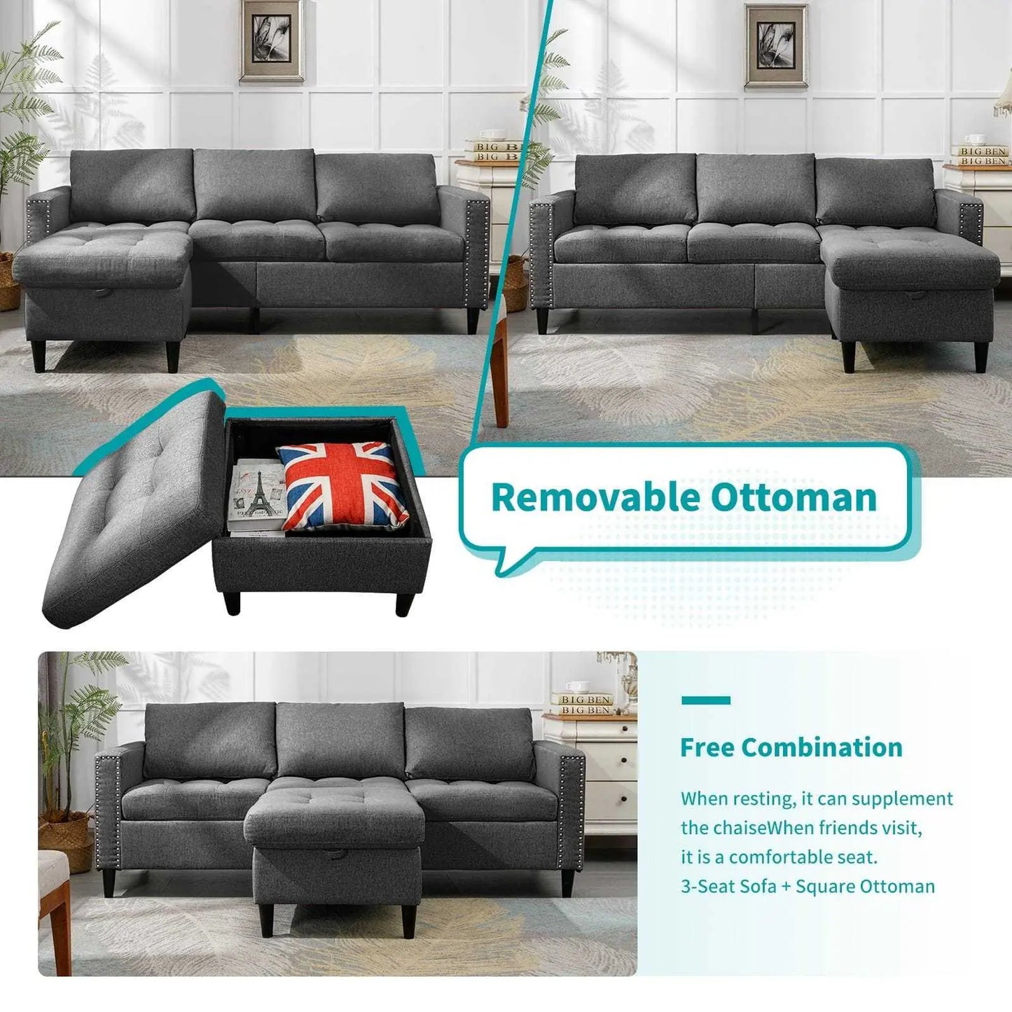 Living Room Furniture Set, L Shaped Sofa