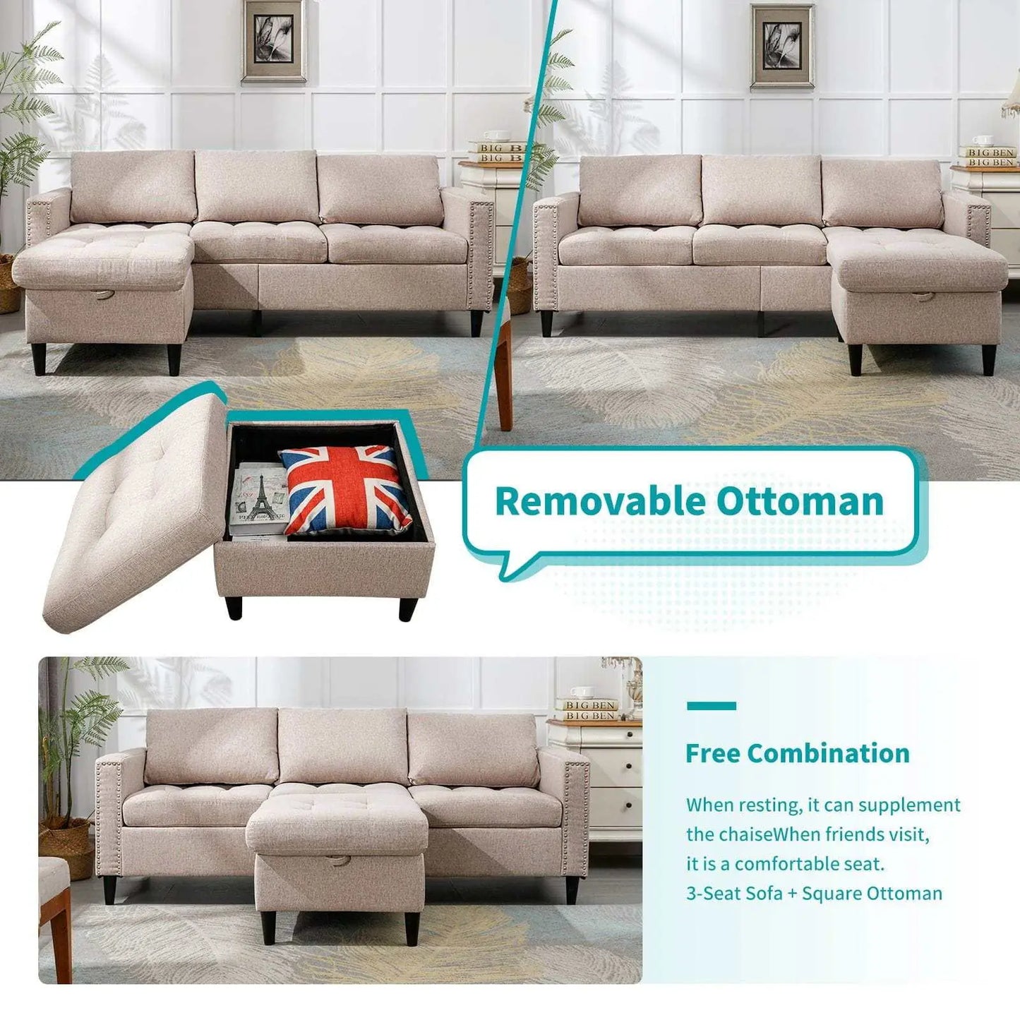 Living Room Furniture Set, L Shaped Sofa