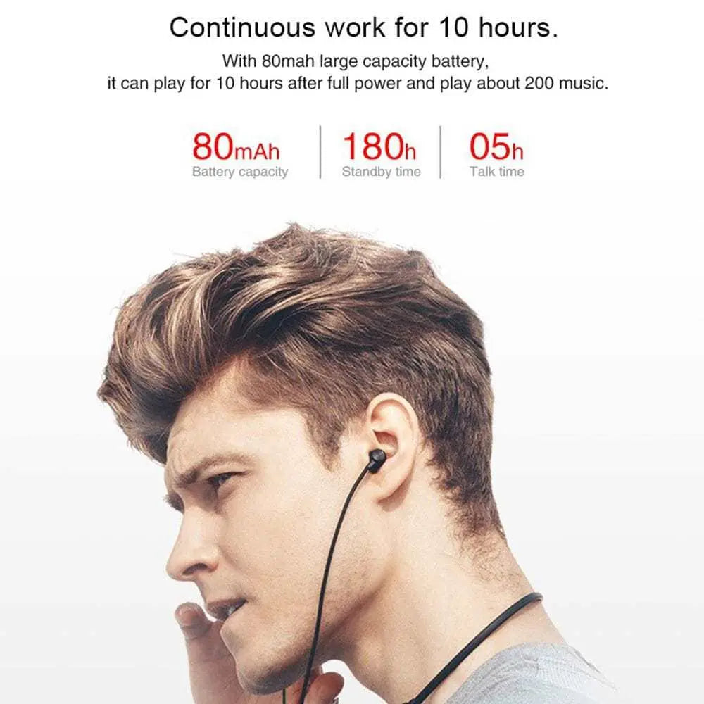 Magnetic in-ear Bluetooth stereo earphones with ergonomic design for comfort and long battery life.