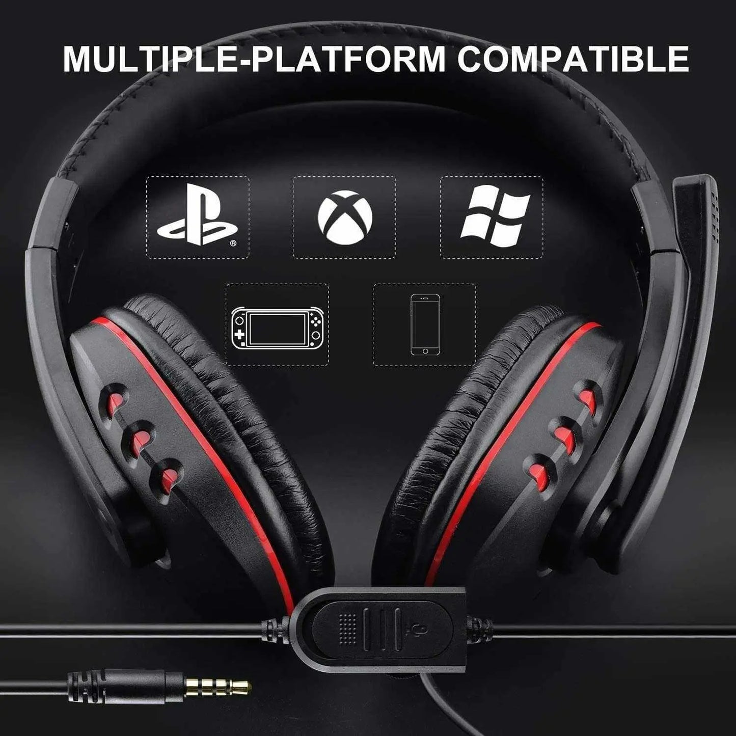 Pro gamer headset with mic for PS4, Xbox One, and PC, featuring red accents and 3.5mm jack compatibility.