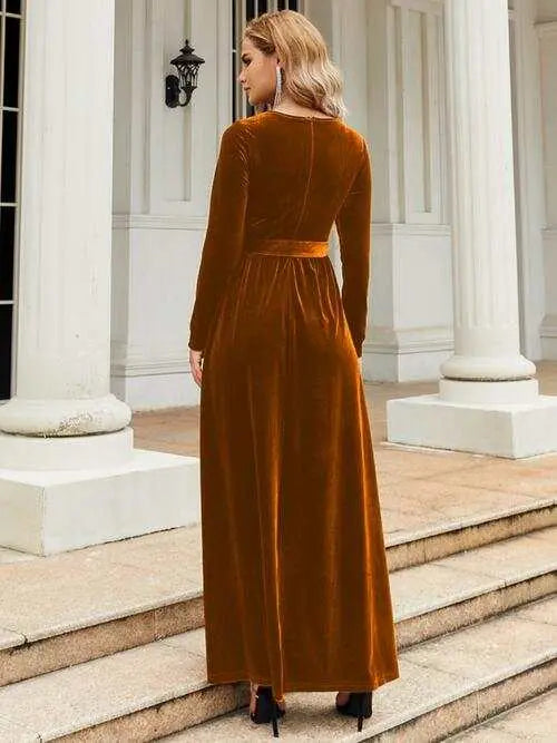 Long Sleeve Maxi Dress with Tie Front Round Neck for Ladies