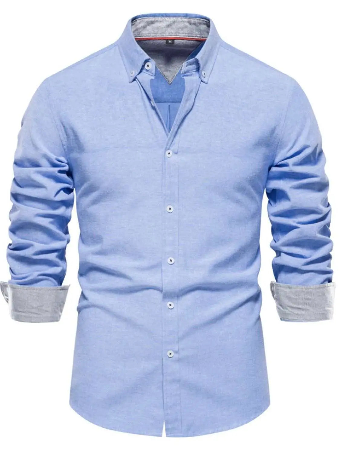 Men's button down collared neck shirt in light blue, featuring a chest pocket.