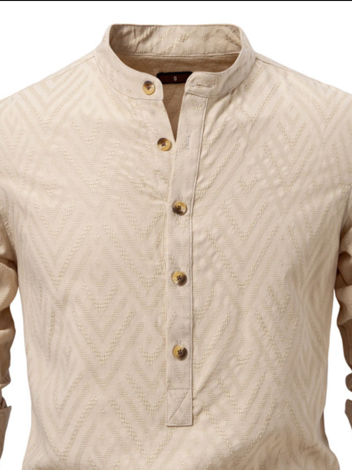 Men's half button geometric collared shirt in beige with textured fabric.