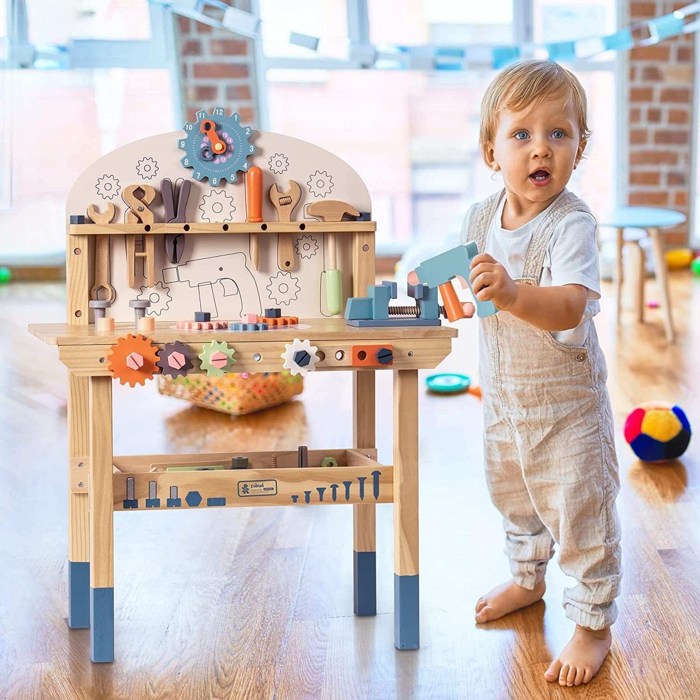 ROBOTIME Workbench Play Set for Toddlers, Wooden Tool Bench Toy for Kids Aged 3-6.