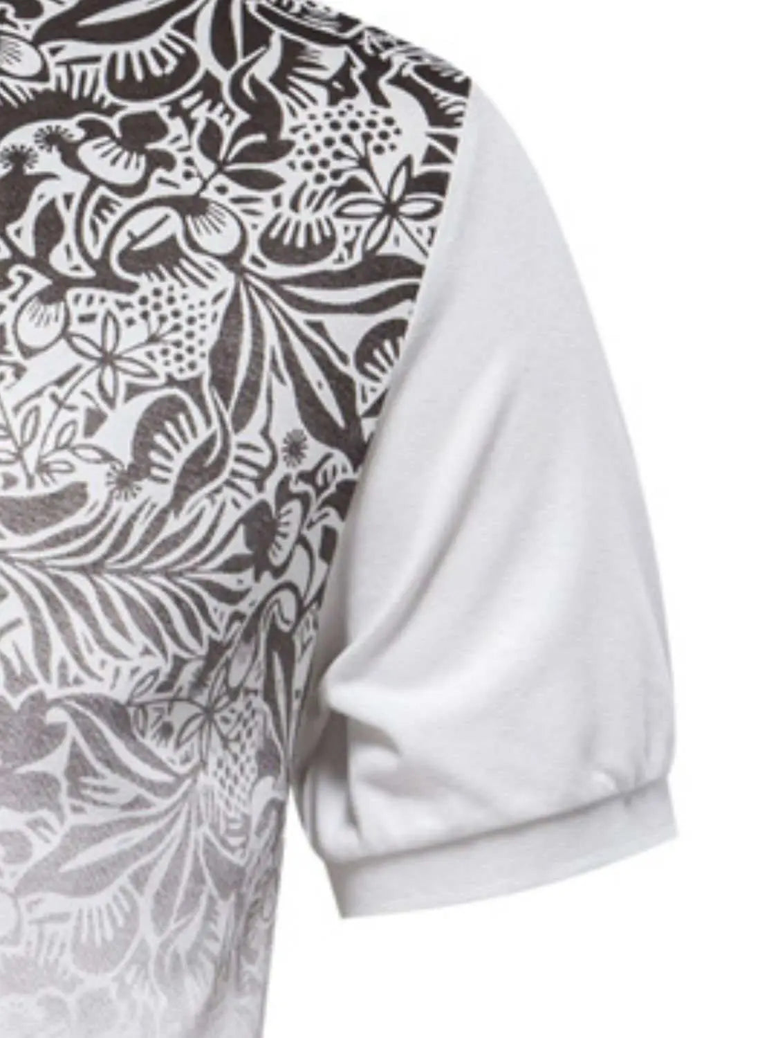 Men's printed collared neck short sleeve polo with floral design, slightly stretchy fabric.