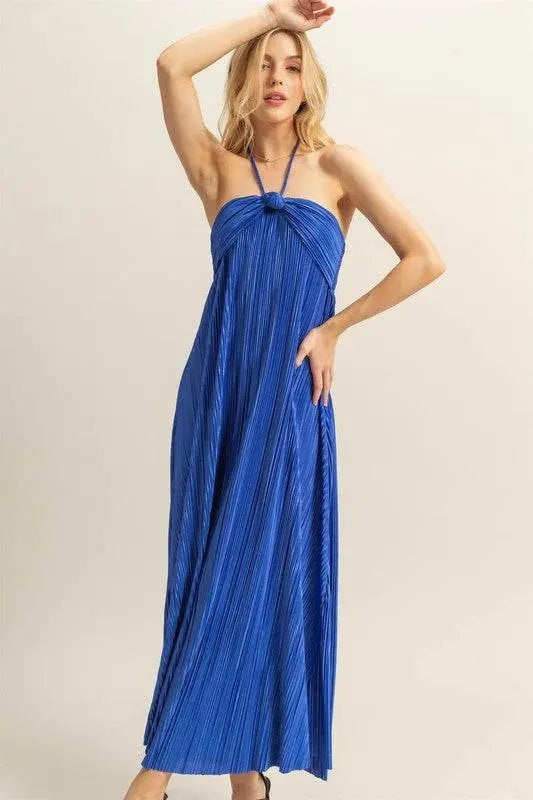 HYFVE Knotted Detail Halter Neck Flowy Maxi Dress in blue, featuring elegant design and chic knotted detail.