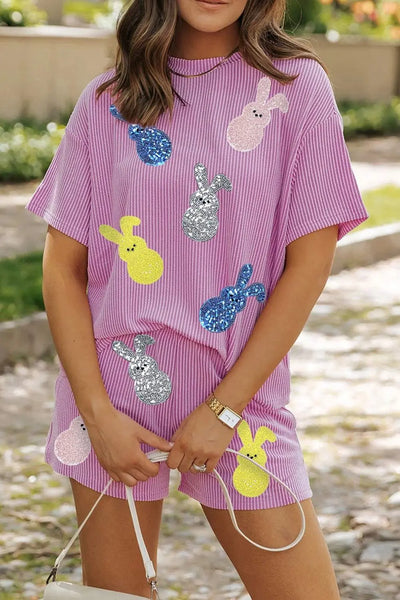 Ribbed sequined Easter bunny T-shirt and shorts set in pink with colorful sequin designs.