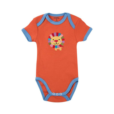 Orange baby onesie with lion design and blue trim.