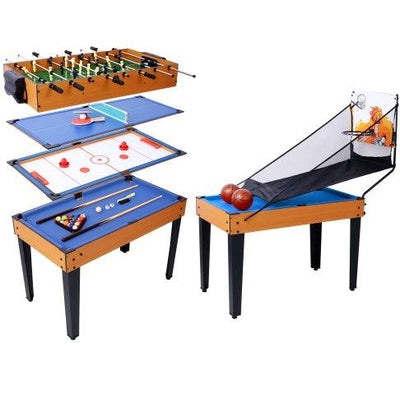 5-in-1 game table with billiards, push hockey, foosball, ping pong, and basketball setup.