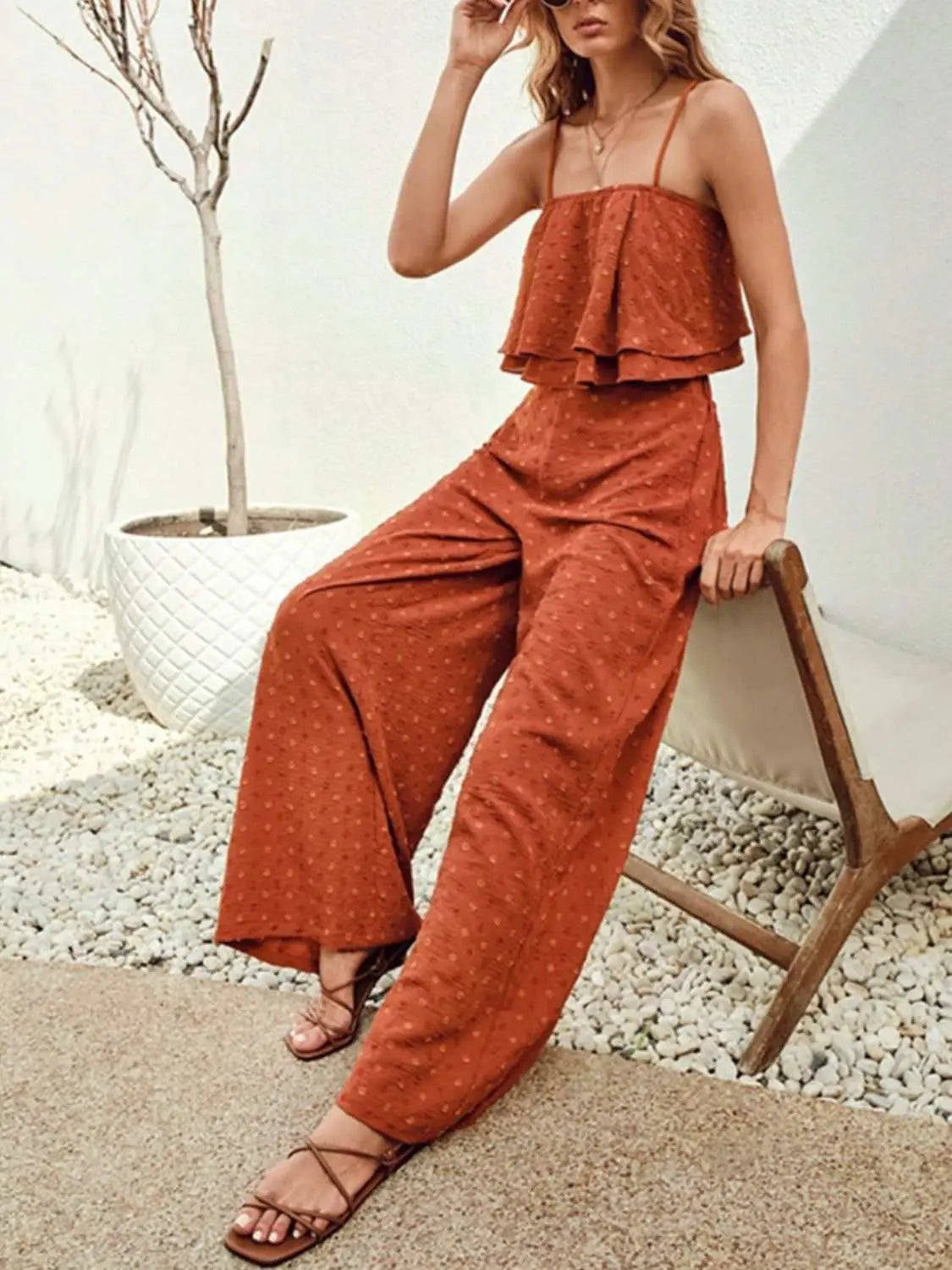 Swiss Dot Layered Cami and Pants Set in rust color with strappy top and wide-leg pants.