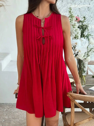 Devine Pleated Sleeveless Red Mini Dress with Tied Neckline.