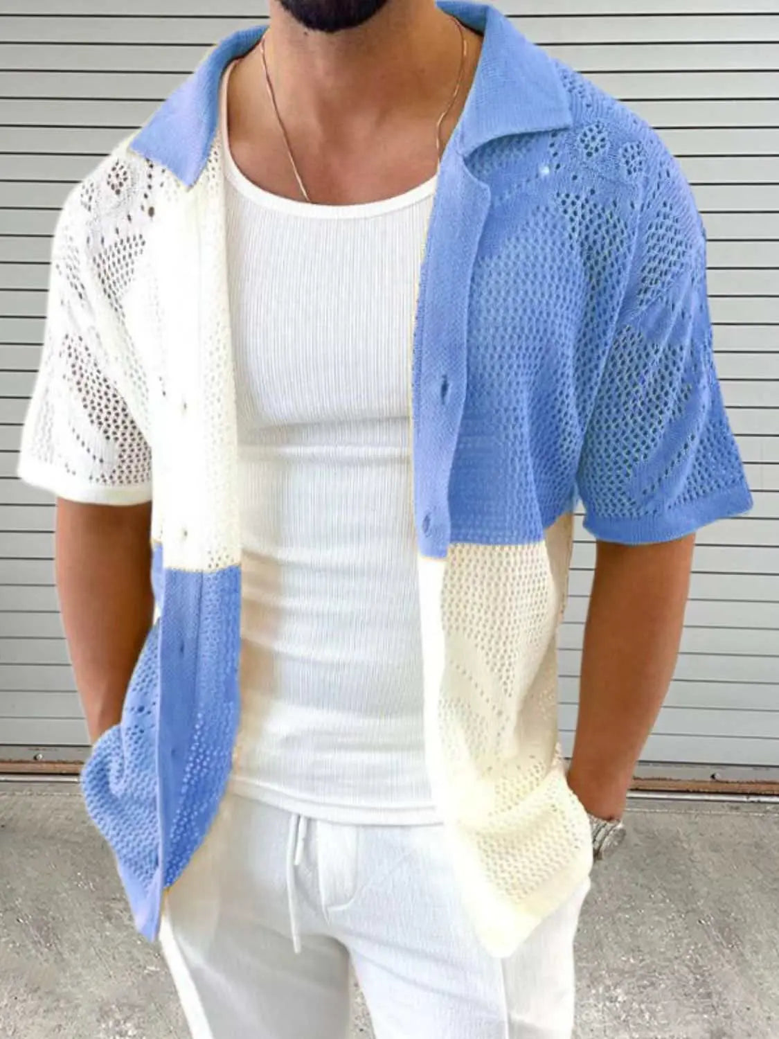 Men's contrast button down hollow out shirt in blue and white with eyelet design, slightly stretchy polyester.