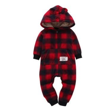 Cozy long-sleeved fleece romper for babies in red and black plaid pattern, featuring a hooded design for warmth and style.
