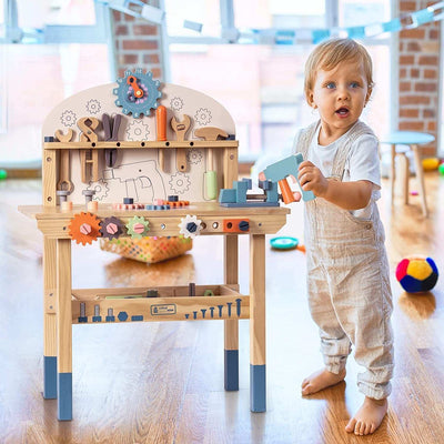ROBOTIME Workbench Play Set for toddlers, featuring a multicolored wooden tool bench, designed for ages 3-6 to inspire imaginative play.
