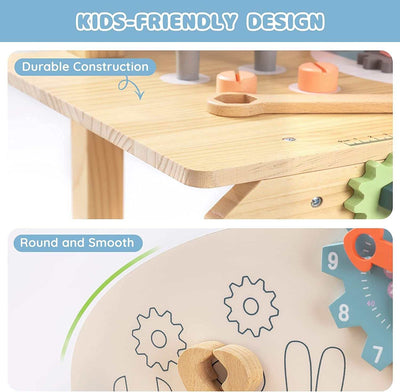Kids-friendly design of ROBOTIME Workbench Play Set showcasing durable construction with round and smooth edges.