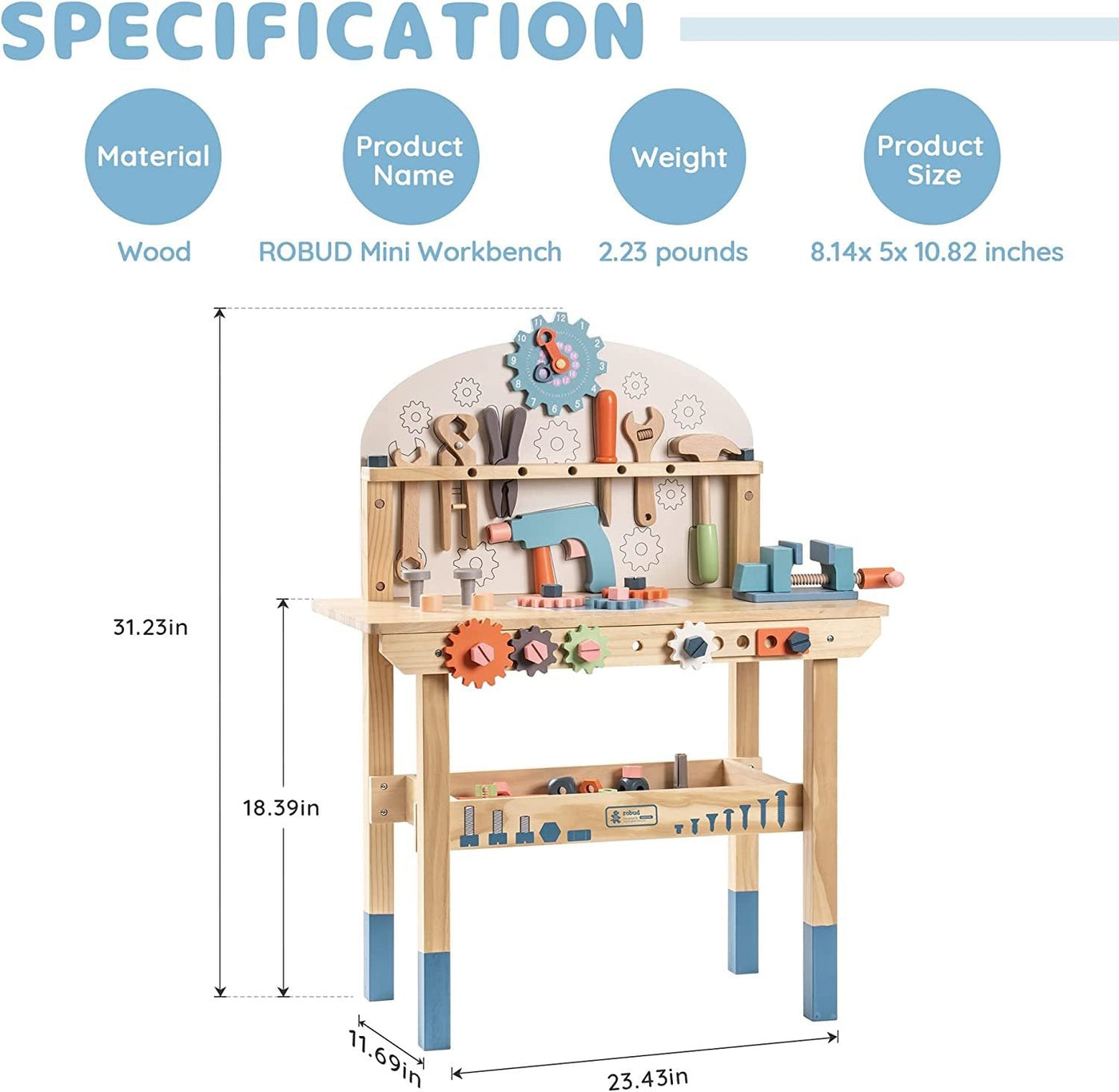 ROBOTIME Workbench Play Set for toddlers, wooden tool bench with multicolored tools, encourages imaginative play, for ages 3-6.
