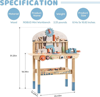 ROBOTIME Workbench Play Set for toddlers, wooden tool bench with multicolored tools, encourages imaginative play, for ages 3-6.