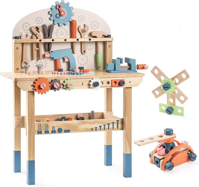 ROBOTIME Wooden Workbench Play Set for Toddlers and Kids with Tools and Accessories.