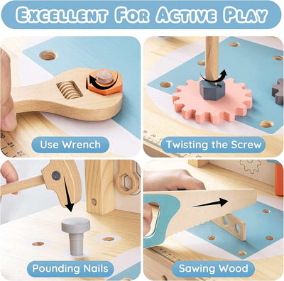 ROBOTIME Workbench Play Set for toddlers with wooden tools and activities.