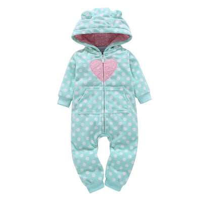 Cozy long-sleeved fleece romper for babies with a hood, featuring polka dots and a heart design, ideal for all seasons.