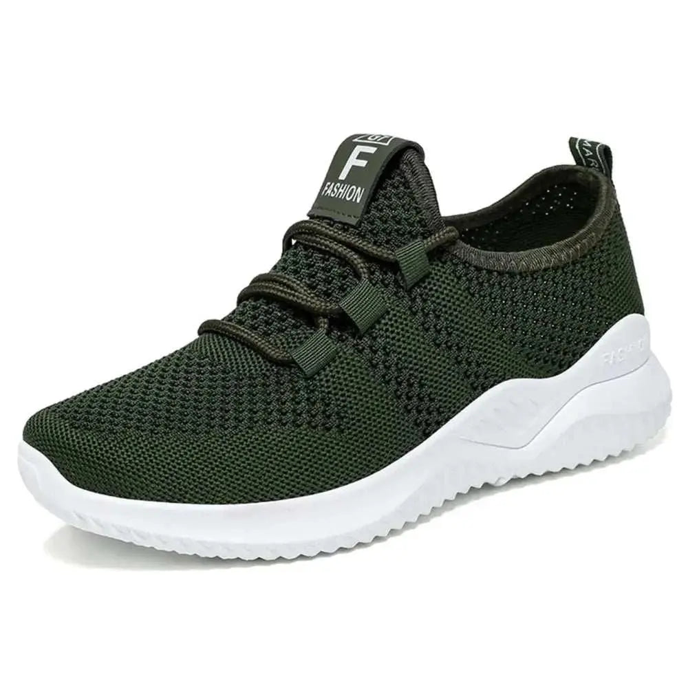 Breathable mesh lace-up athletic shoes in green with white soles, ideal for casual wear.