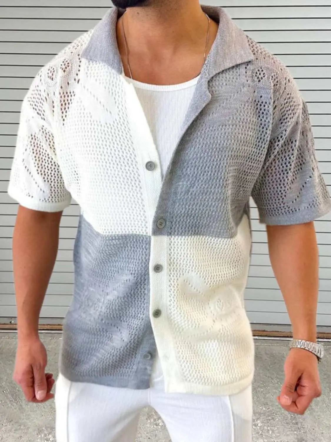 Men's contrast button-down hollow-out shirt with eyelet design in gray and white, slightly stretchy 100% polyester.