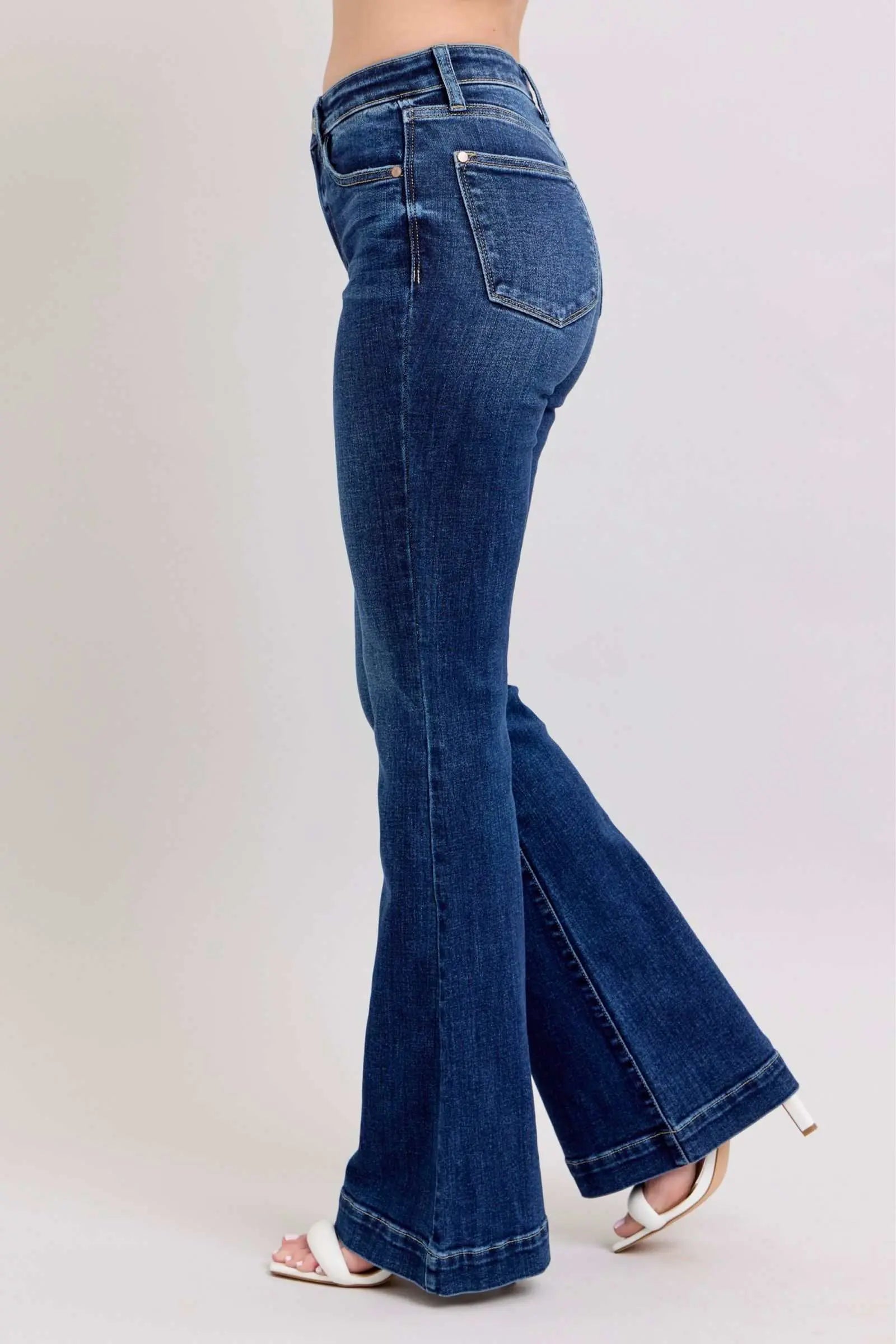 Judy Blue high-rise flare jeans with pockets, plus size.