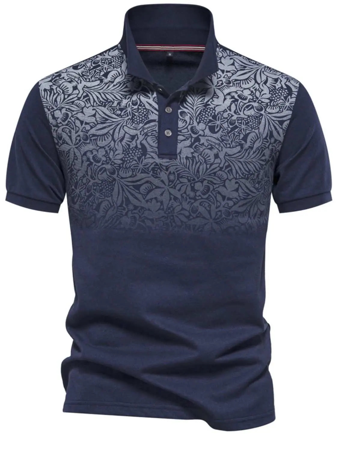 Men's printed collared neck short sleeve polo in navy with subtle floral design.