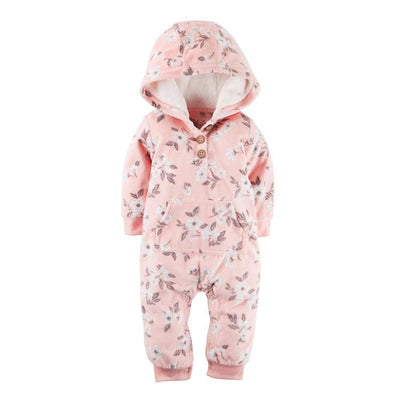 Cozy long-sleeved fleece romper for babies in pink with floral pattern and hood, perfect for multiple seasons.