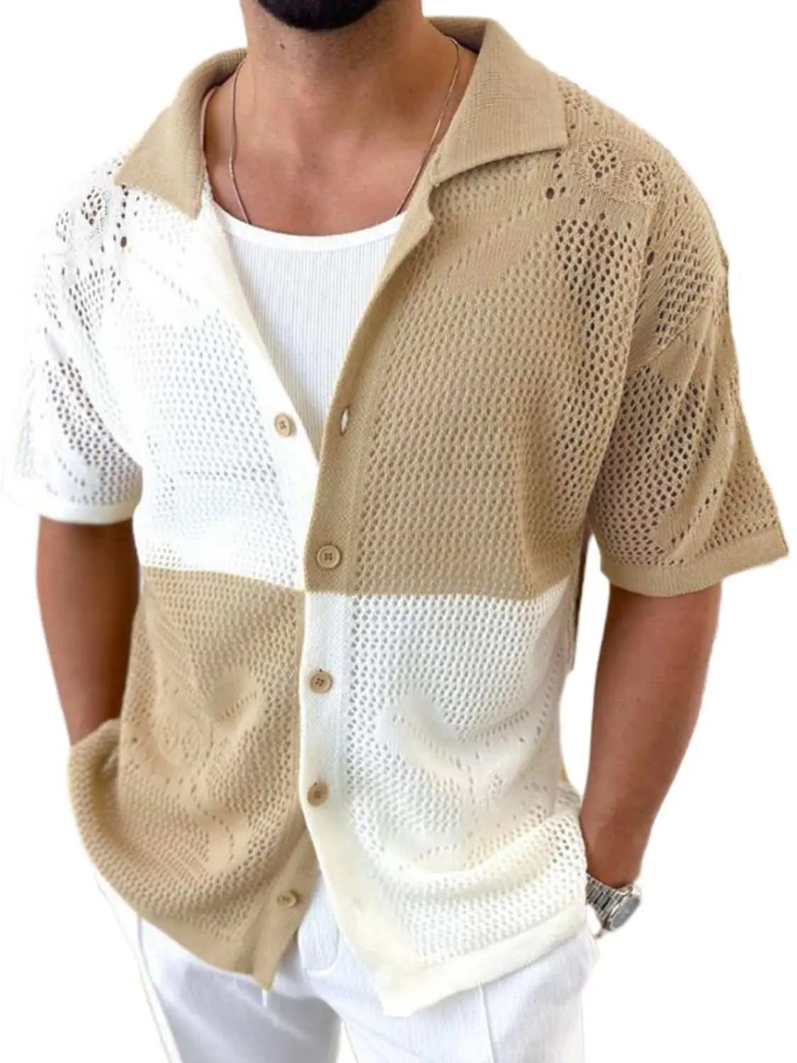 Men's contrast button-down hollow-out shirt with eyelet design.