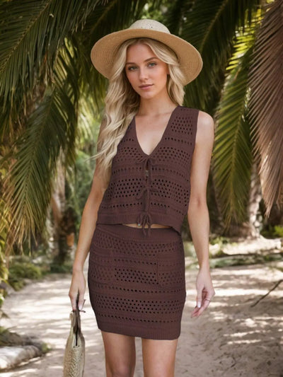 Top and Skirt Set: Openwork V-Neck, Knit Cover Up with Tied and Pocketed Design, Moderate Stretch.