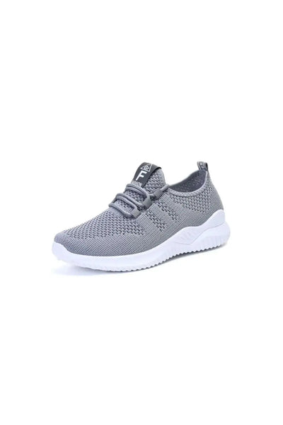 Breathable mesh lace-up athletic shoe in gray with white sole.